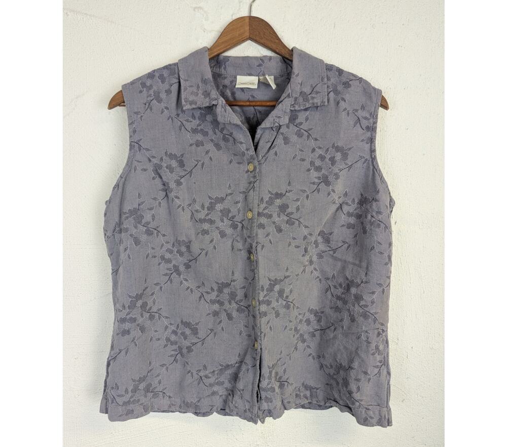 Vtg 90s Chambray Blouse Linen Cotton Blend Floral Embroidery Button Up Boxy XL